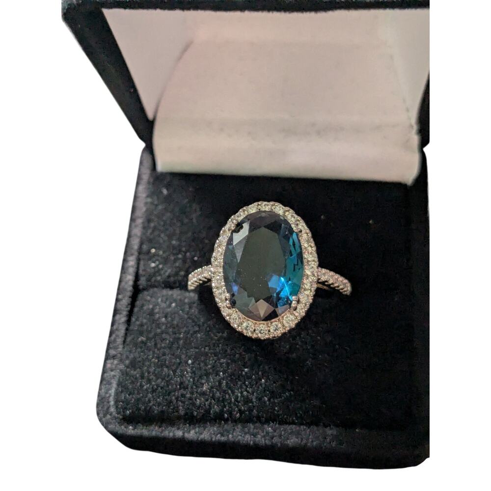 NIB Blue Topaz (Lab Created) Ring with Clear Rhinestones Sz 7 Includes Box